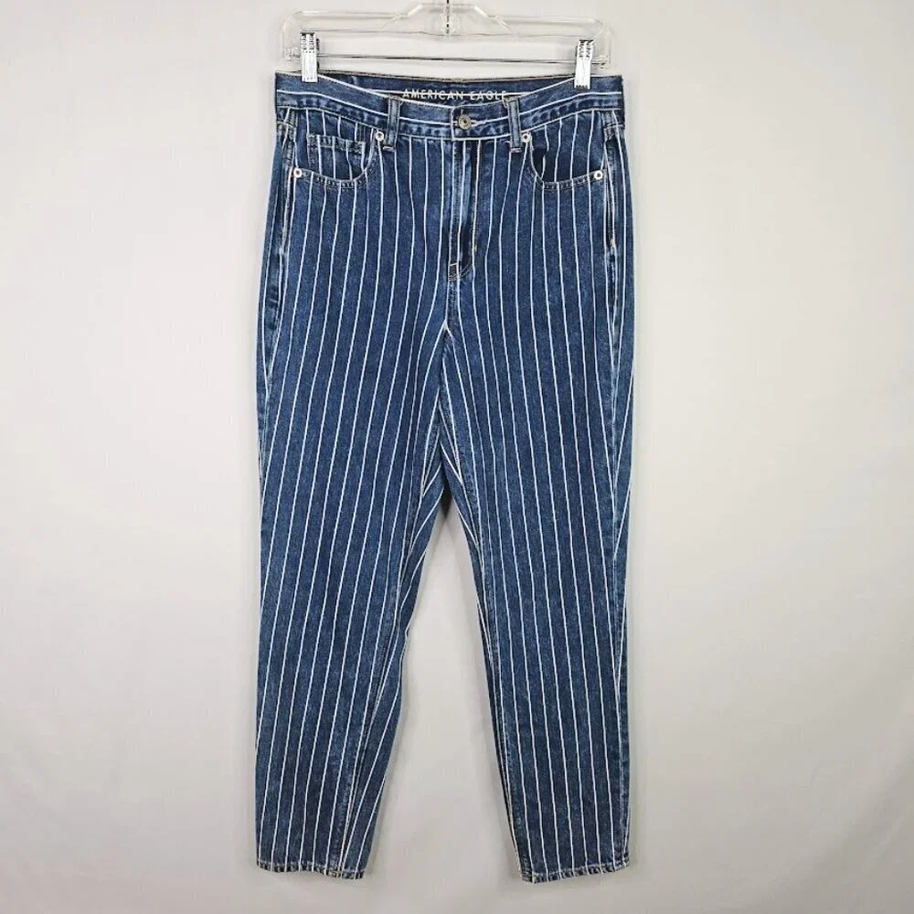 Women's AMERICAN EAGLE Jeans Retro Mom size 4 MEDIUM WASH BLUE Stripes High Rise - Picture 2 of 8